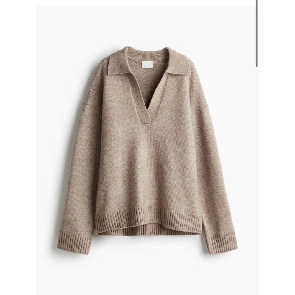 H&M Women's Beige Fine-Knit Collared Oversized Sweater Work Casual